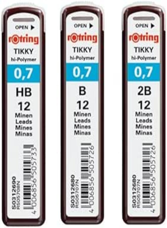 Set of rOtring Tikky hi-Polymer Lead Refills, 0.7 mm, B (12 Leads), HB (12 Leads), 2B (12 Leads)